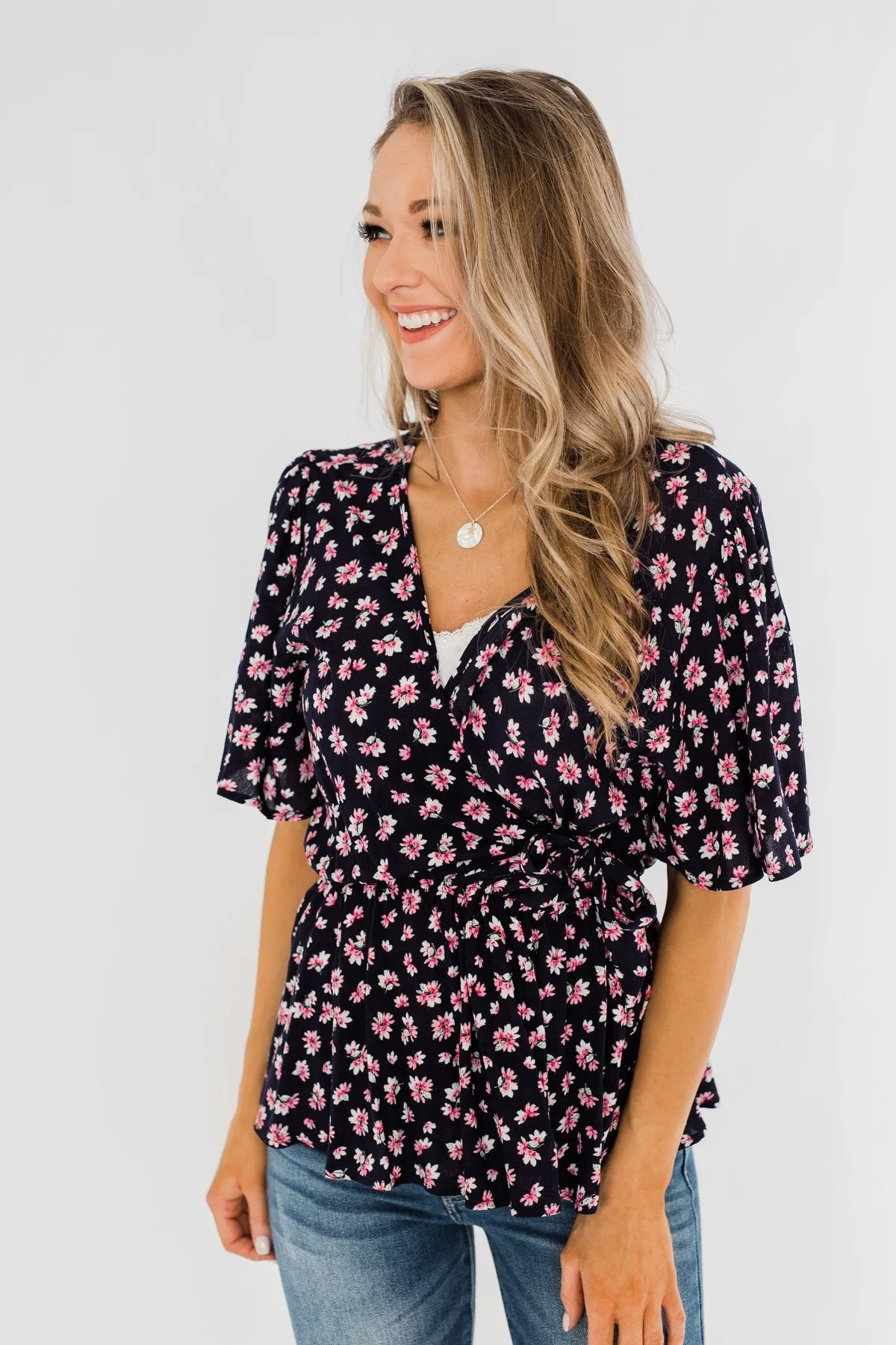 Loved You Then Tie Blouse- Navy & Pink