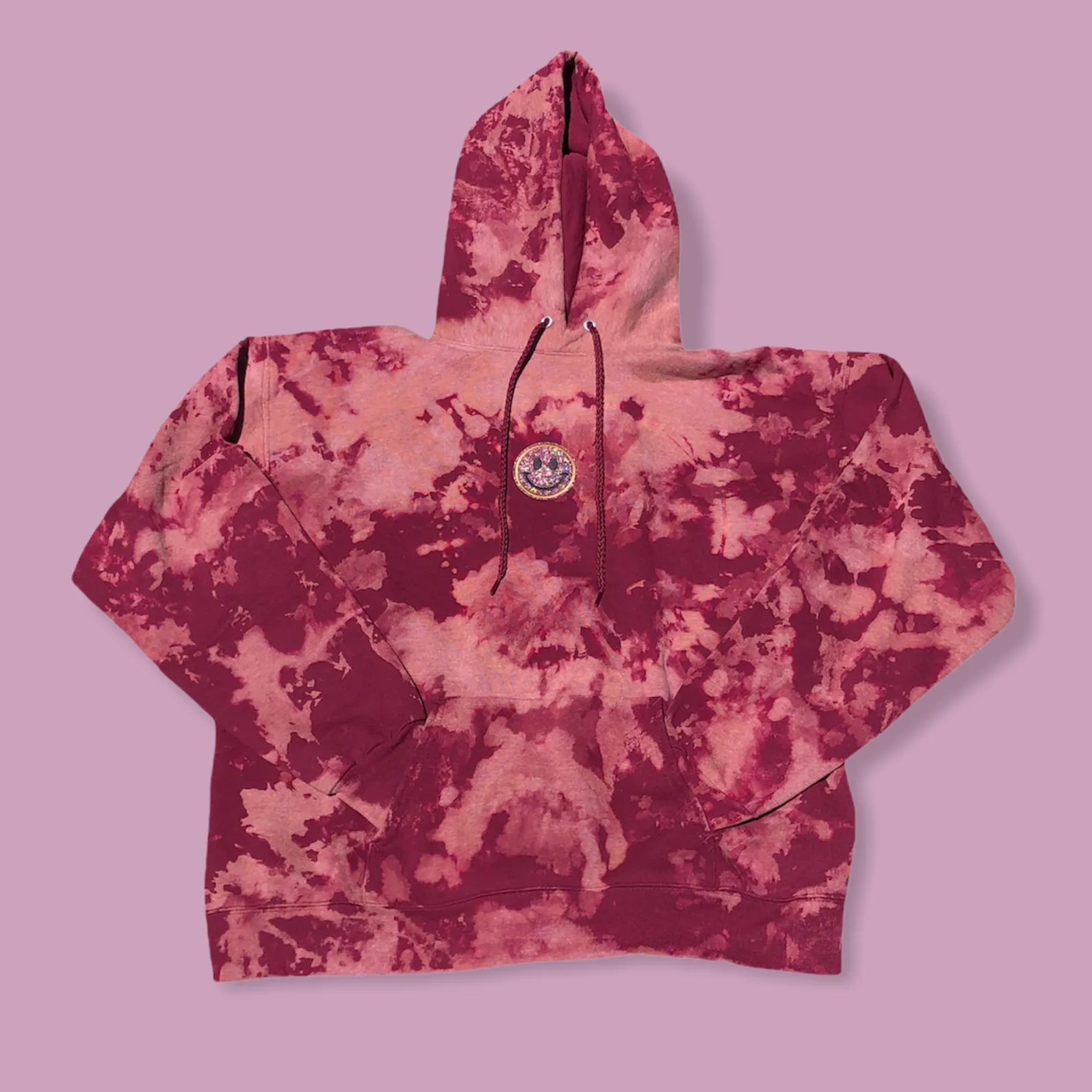 Maroon Bleach Smiley Patch Tie Dye Hoodie
