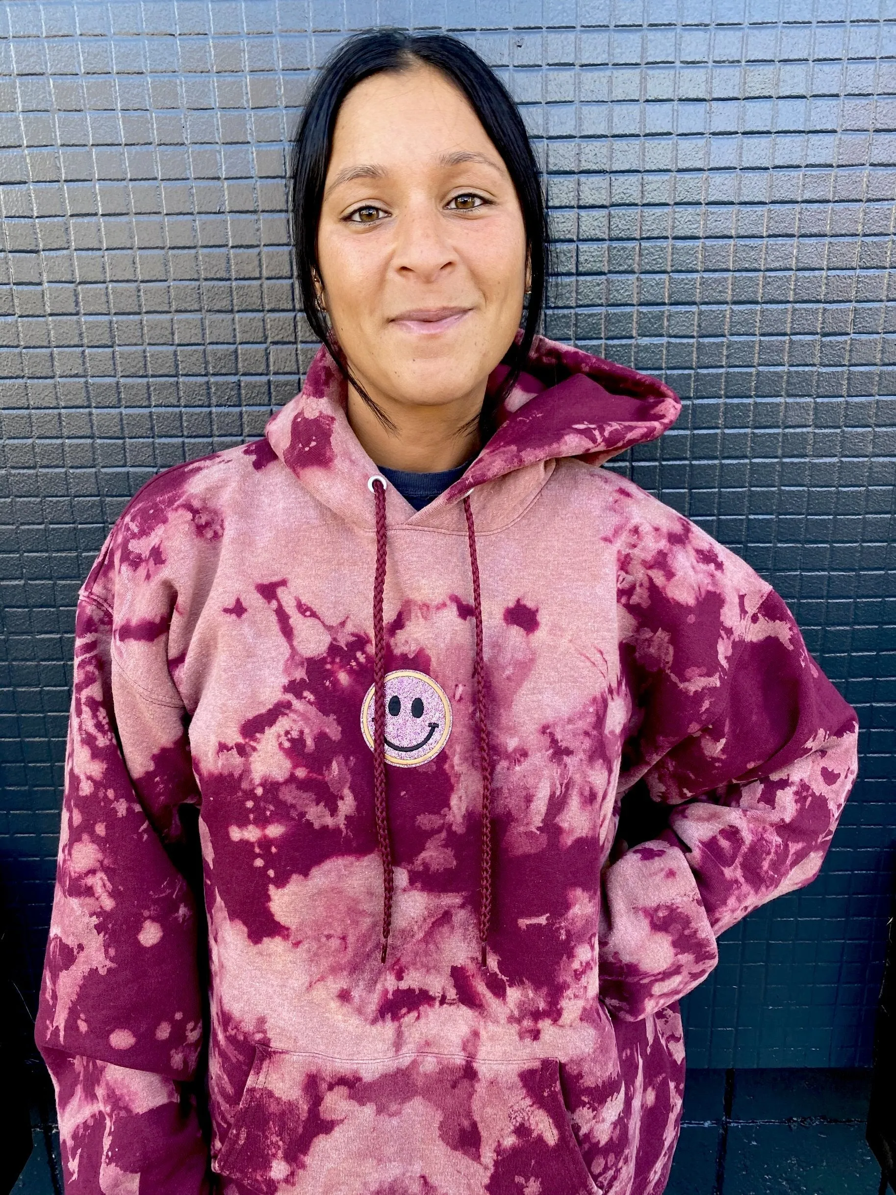 Maroon Bleach Smiley Patch Tie Dye Hoodie
