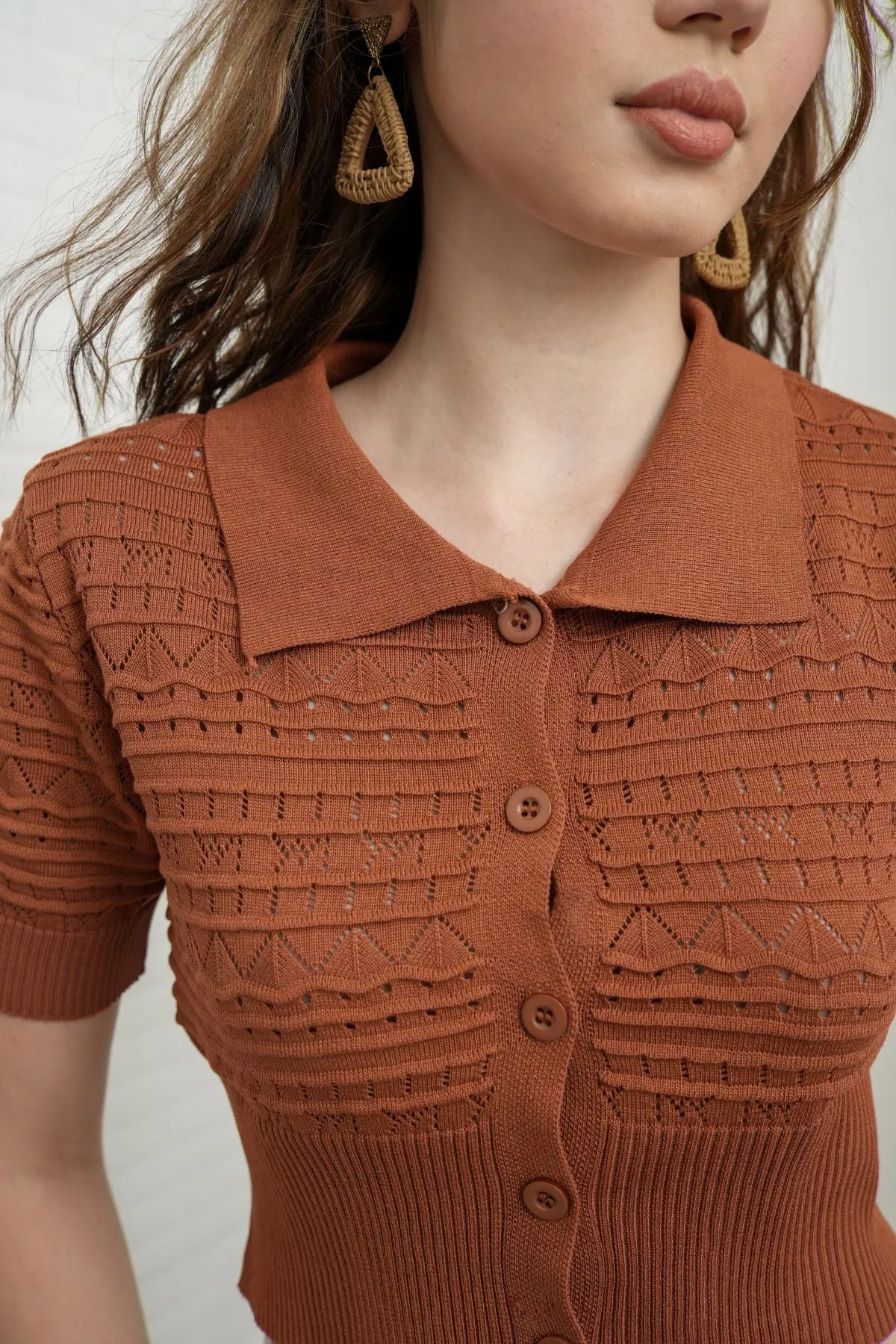MARYAM Textured Knit Crop Shirt (Russet Brown)