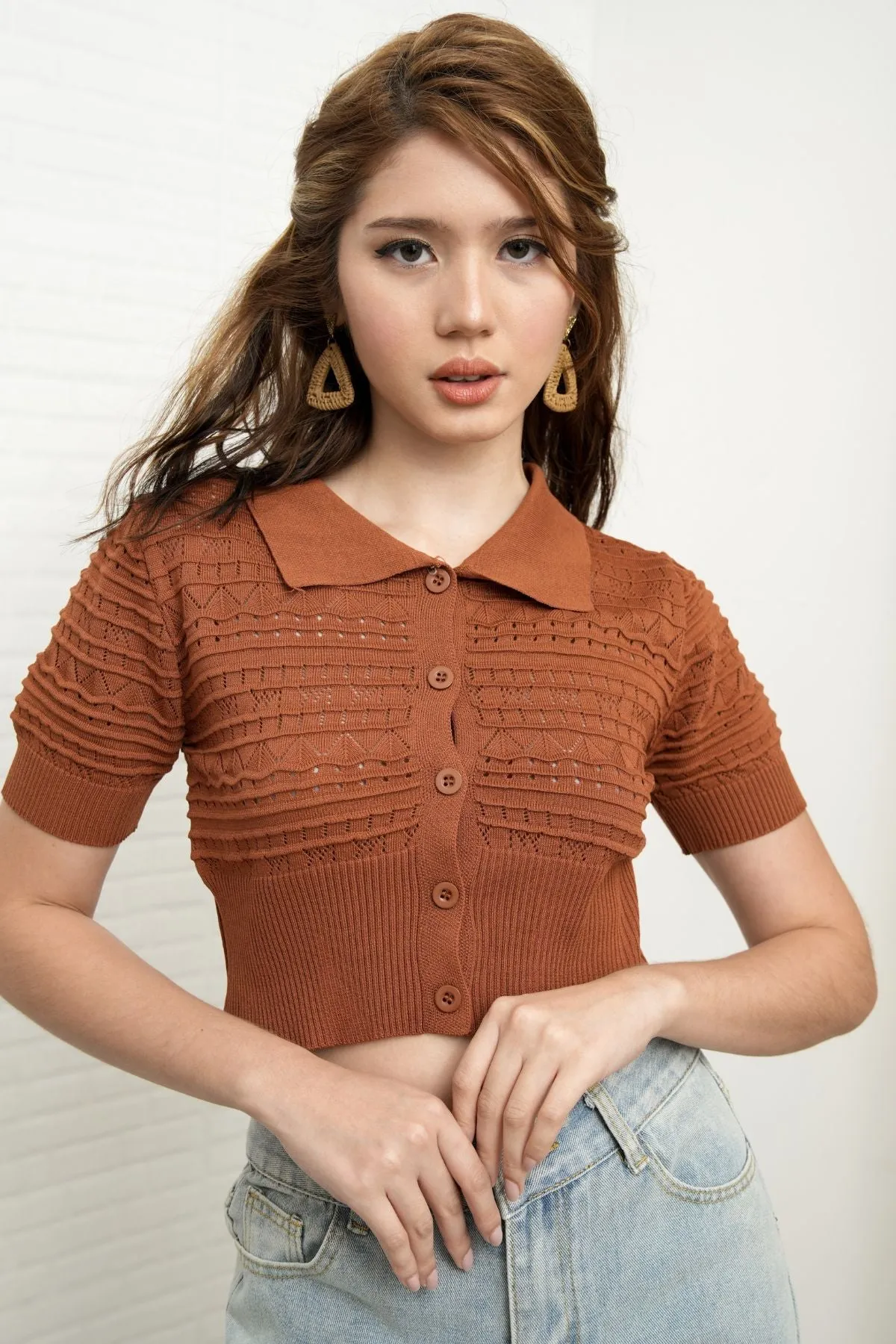 MARYAM Textured Knit Crop Shirt (Russet Brown)
