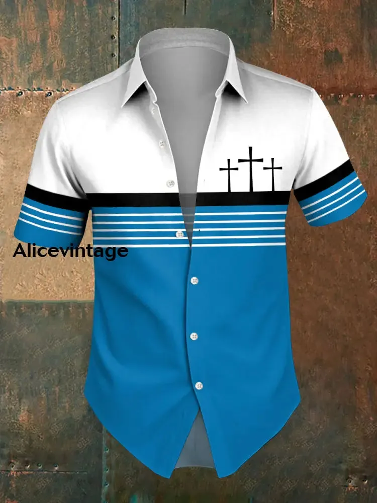 Men's Faith Cross Stripes Print Casual Shirt