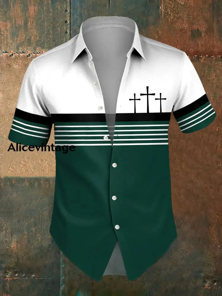 Men's Faith Cross Stripes Print Casual Shirt