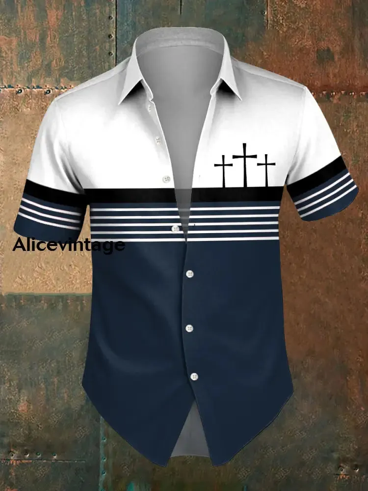 Men's Faith Cross Stripes Print Casual Shirt