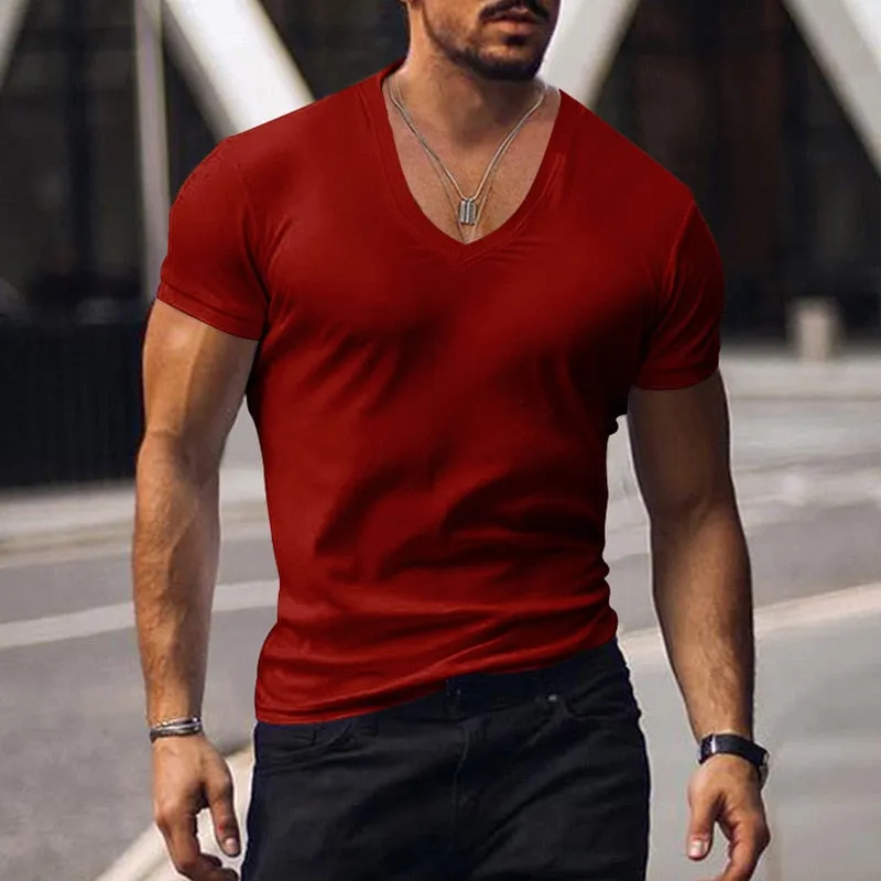 Men's Summer Casual Short Sleeve V Neck Slim Tee