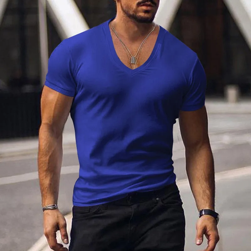 Men's Summer Casual Short Sleeve V Neck Slim Tee