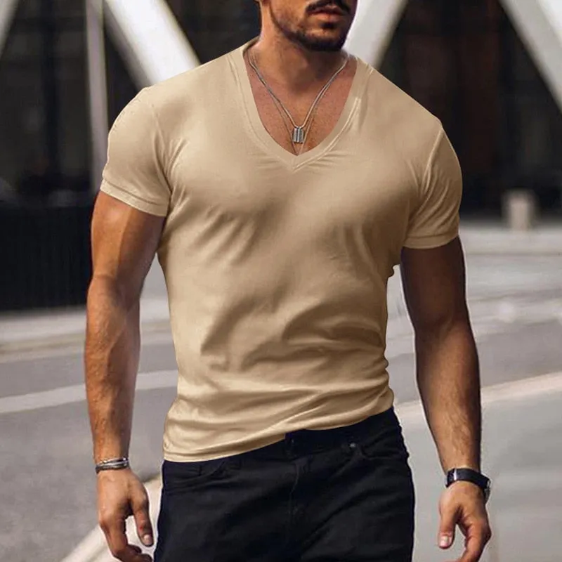 Men's Summer Casual Short Sleeve V Neck Slim Tee