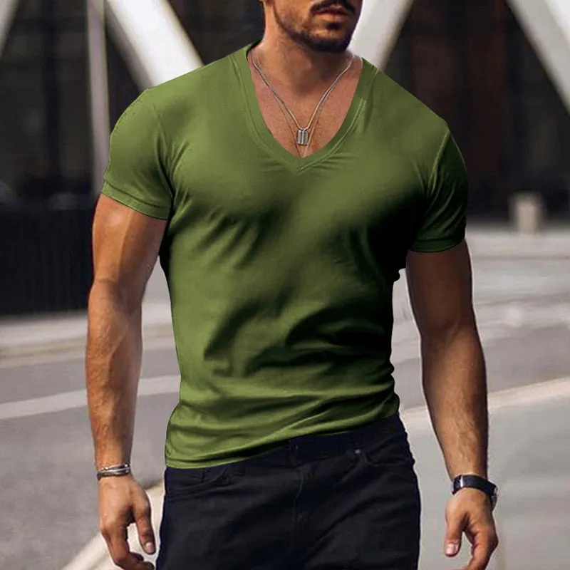Men's Summer Casual Short Sleeve V Neck Slim Tee