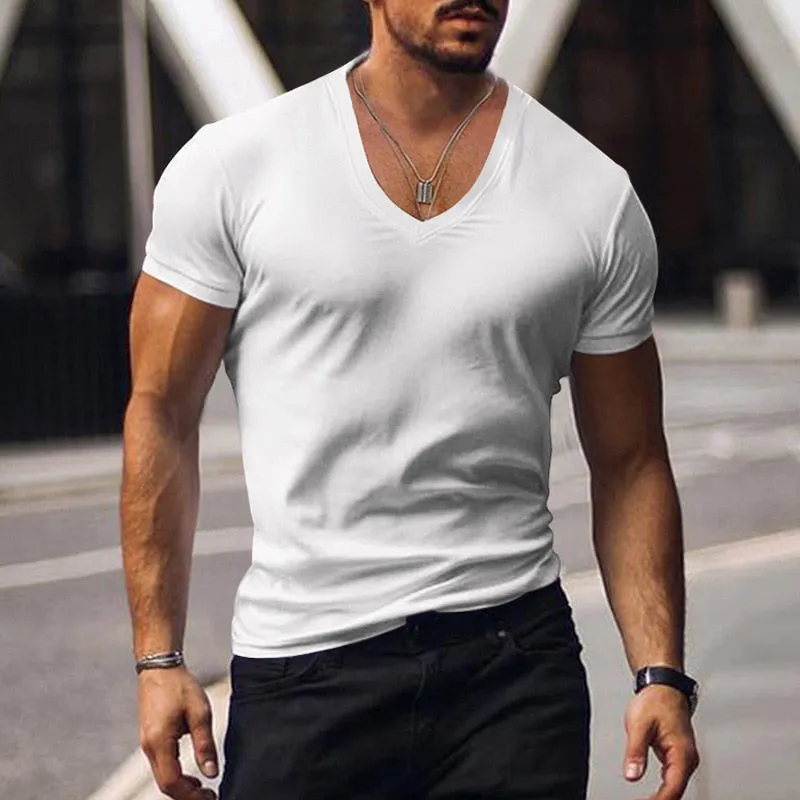 Men's Summer Casual Short Sleeve V Neck Slim Tee