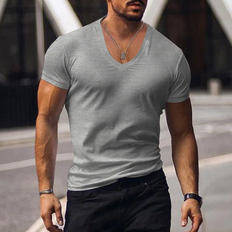 Men's Summer Casual Short Sleeve V Neck Slim Tee
