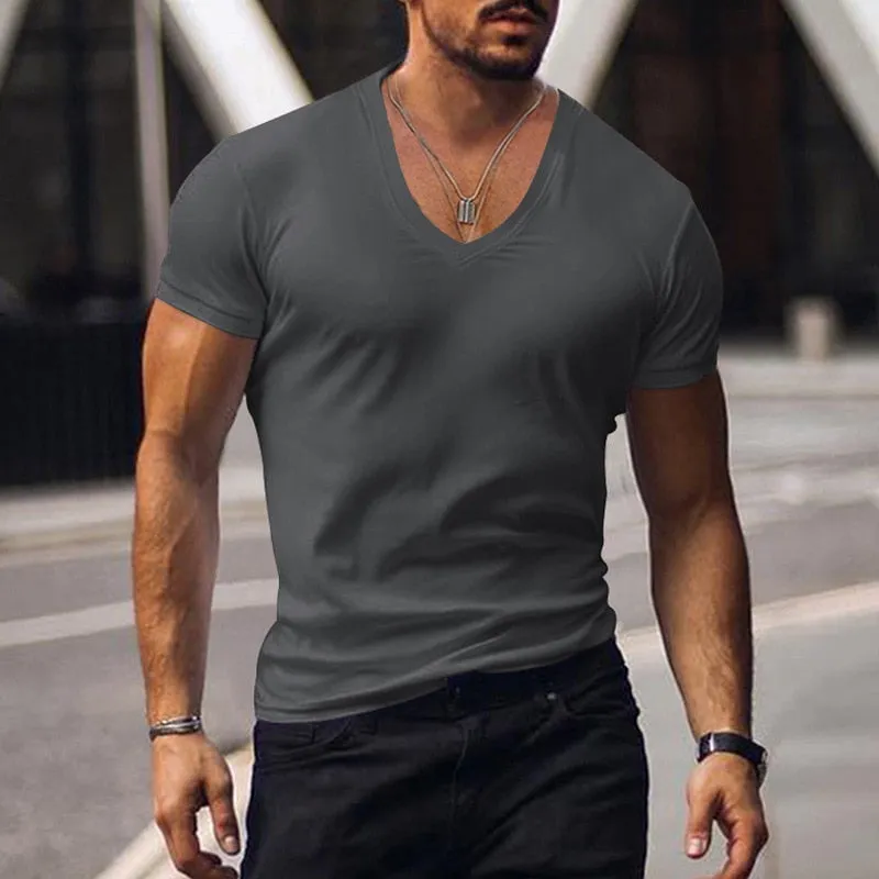Men's Summer Casual Short Sleeve V Neck Slim Tee