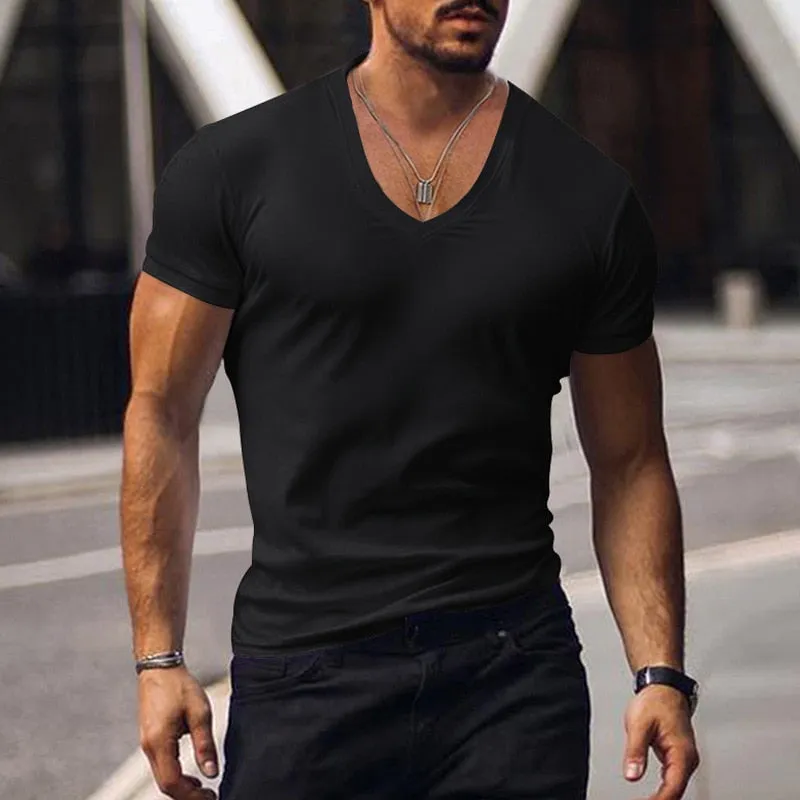Men's Summer Casual Short Sleeve V Neck Slim Tee