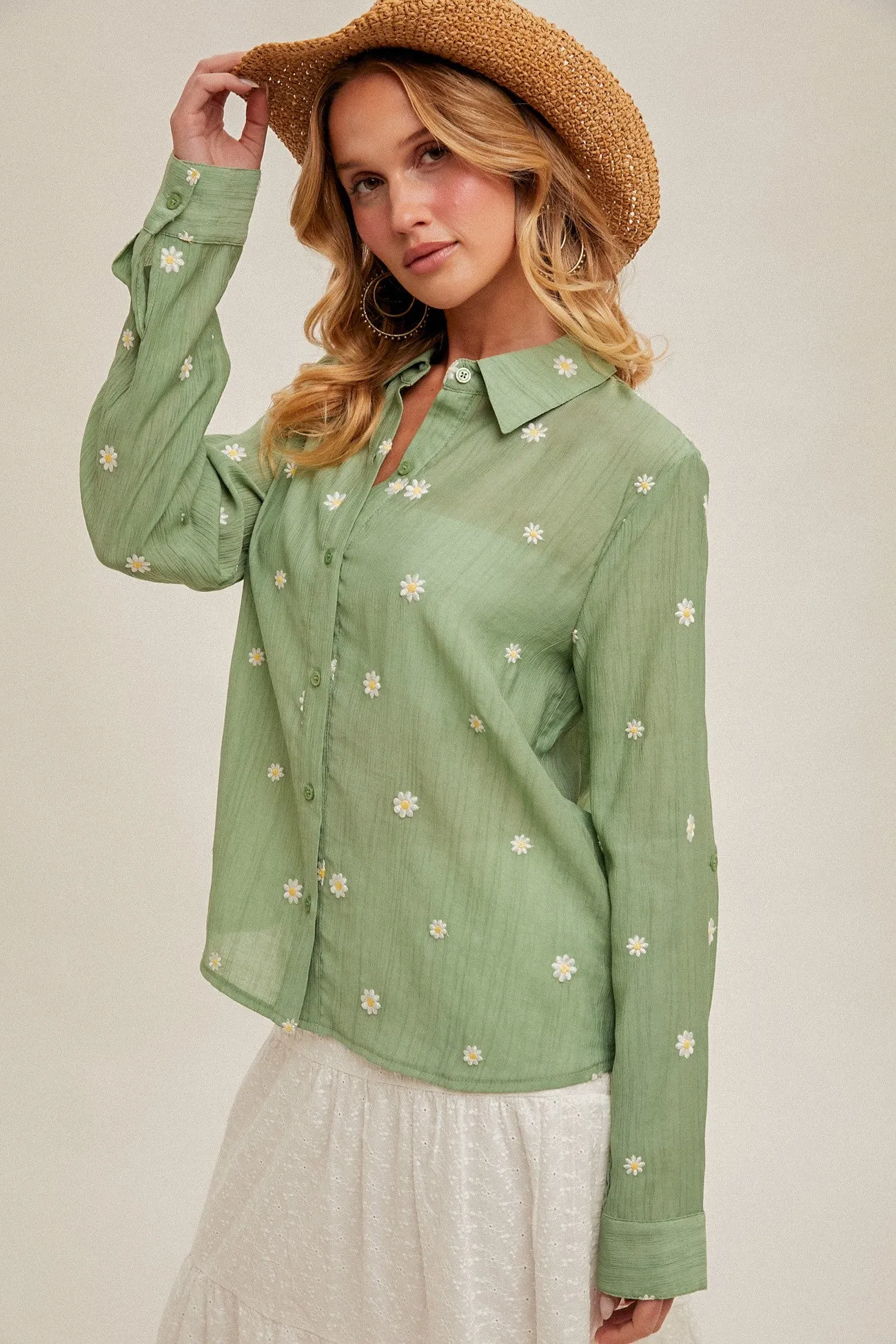 miss daisy button down shirt - cactus green