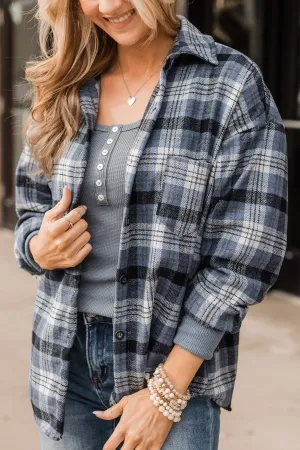 Missing You Plaid Button Top- Navy