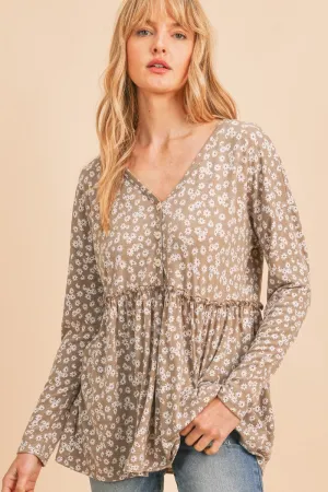 Mocha Ditsy Floral Button Long Sleeve Babydoll Top 9/30/24 8978