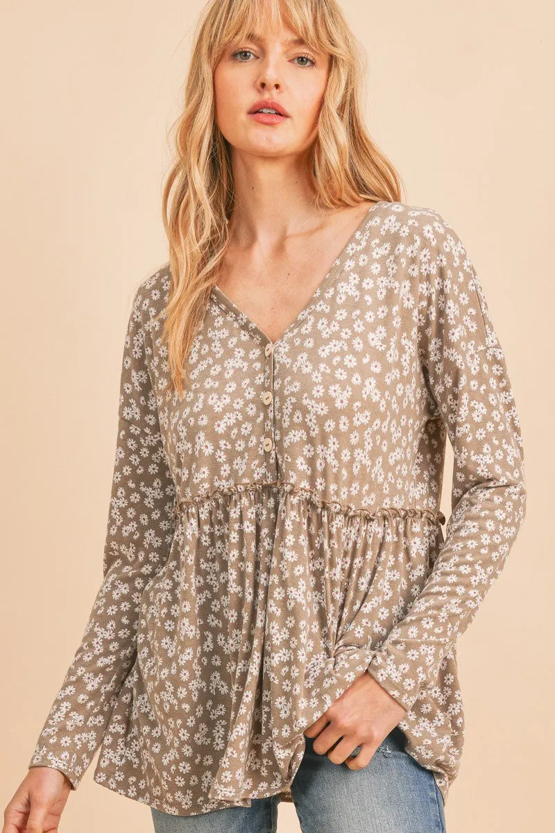 Mocha Ditsy Floral Button Long Sleeve Babydoll Top 9/30/24 8978