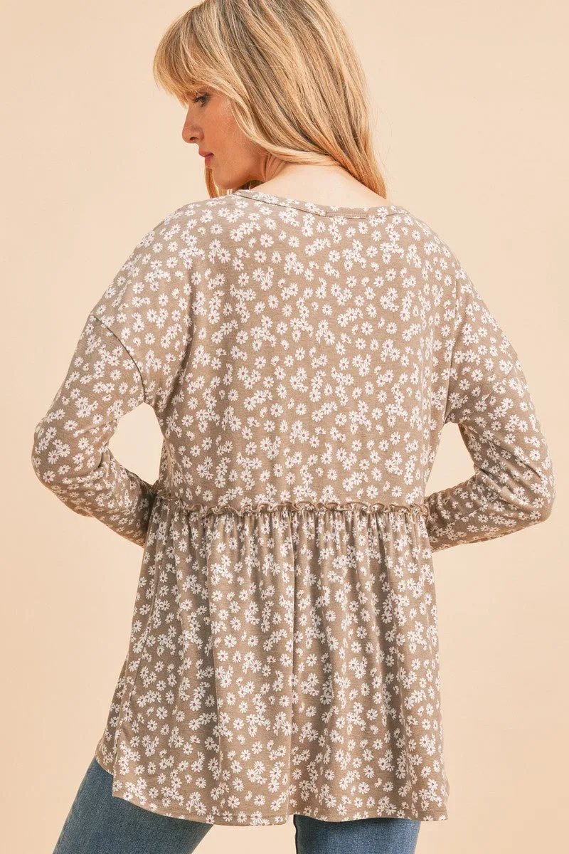 Mocha Ditsy Floral Button Long Sleeve Babydoll Top 9/30/24 8978