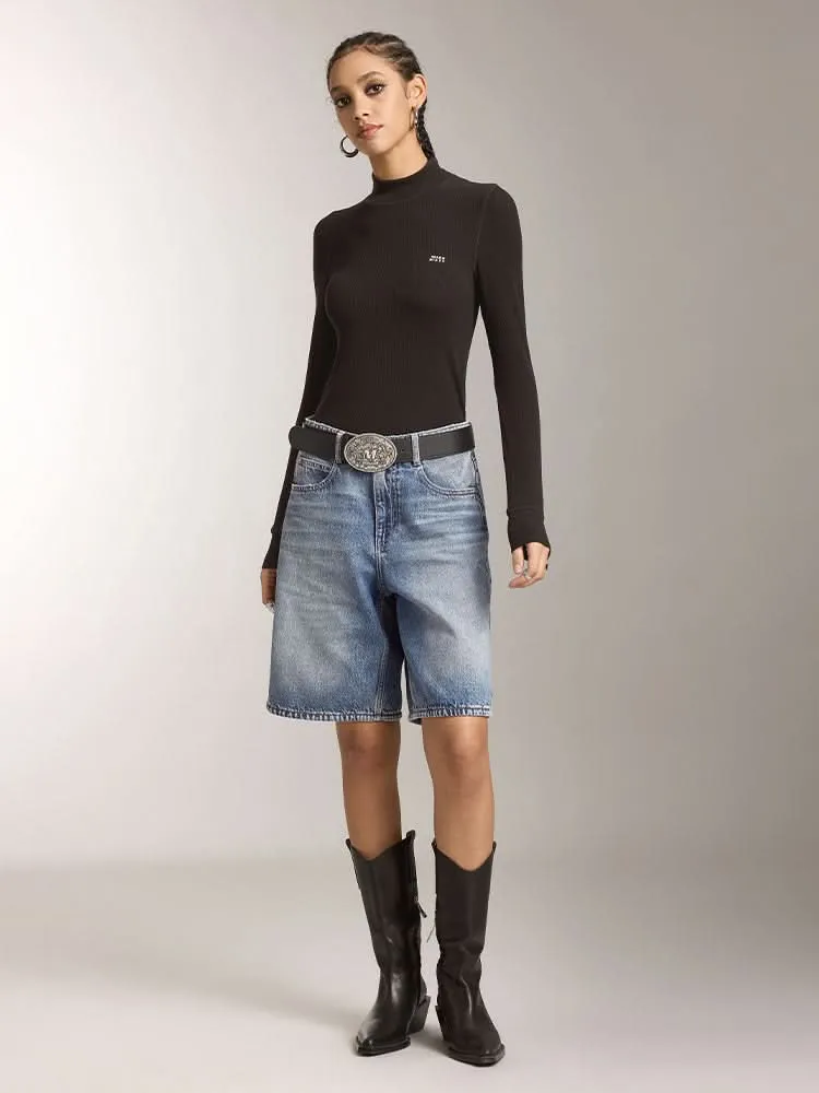 Mock Turtleneck Printed Long Sleeves T-Shirt