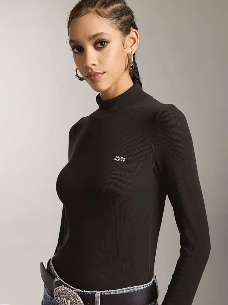 Mock Turtleneck Printed Long Sleeves T-Shirt