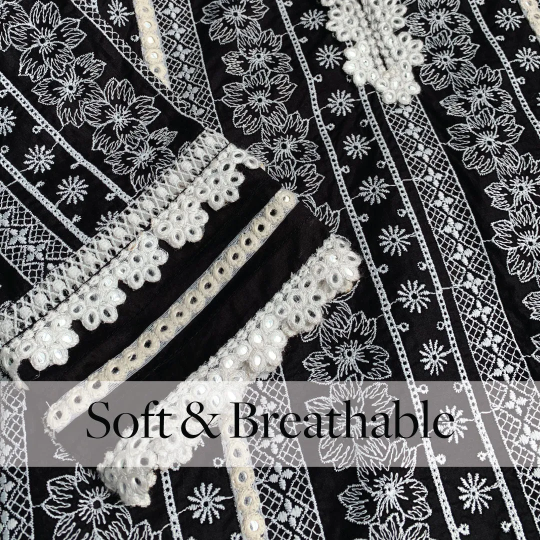 Mulmul Cotton Patricia Black Kurta with Mulmul Cotton Mirror Gota White Pant