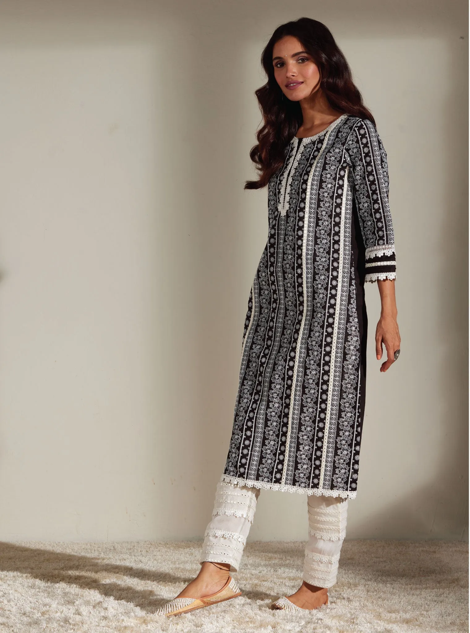 Mulmul Cotton Patricia Black Kurta with Mulmul Cotton Mirror Gota White Pant