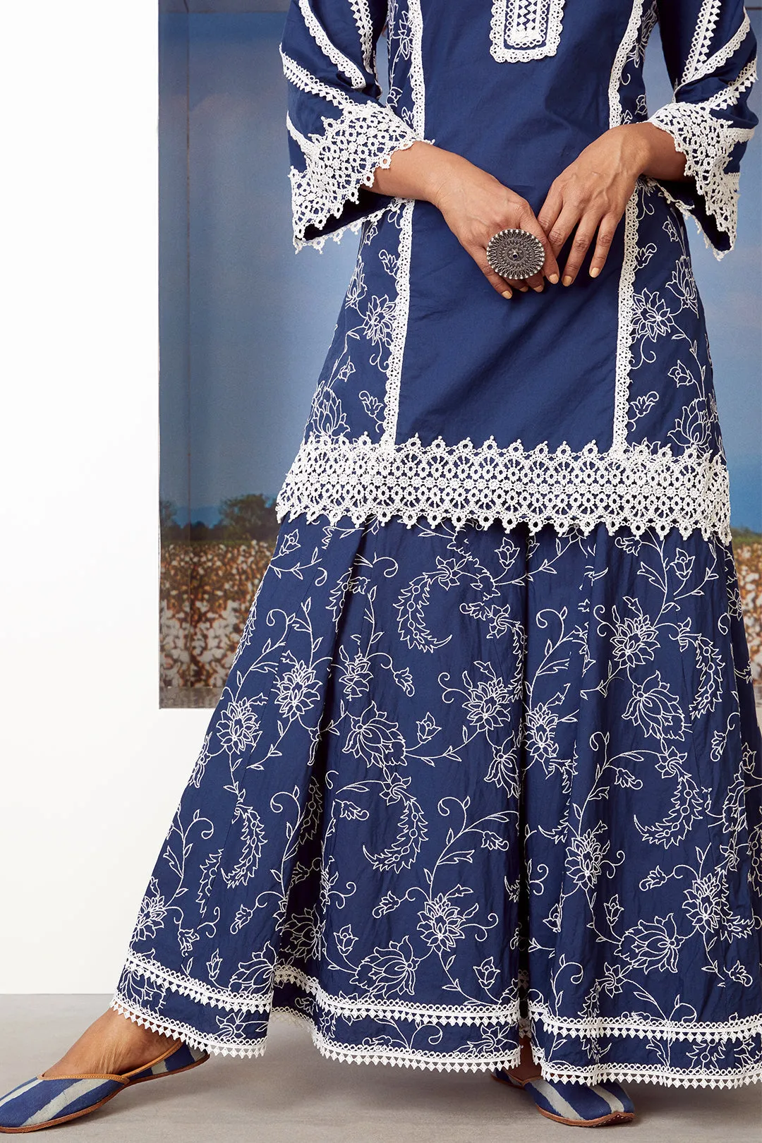 Mulmul Cotton Reverie Navy Kurta With Reverie Navy Sharara