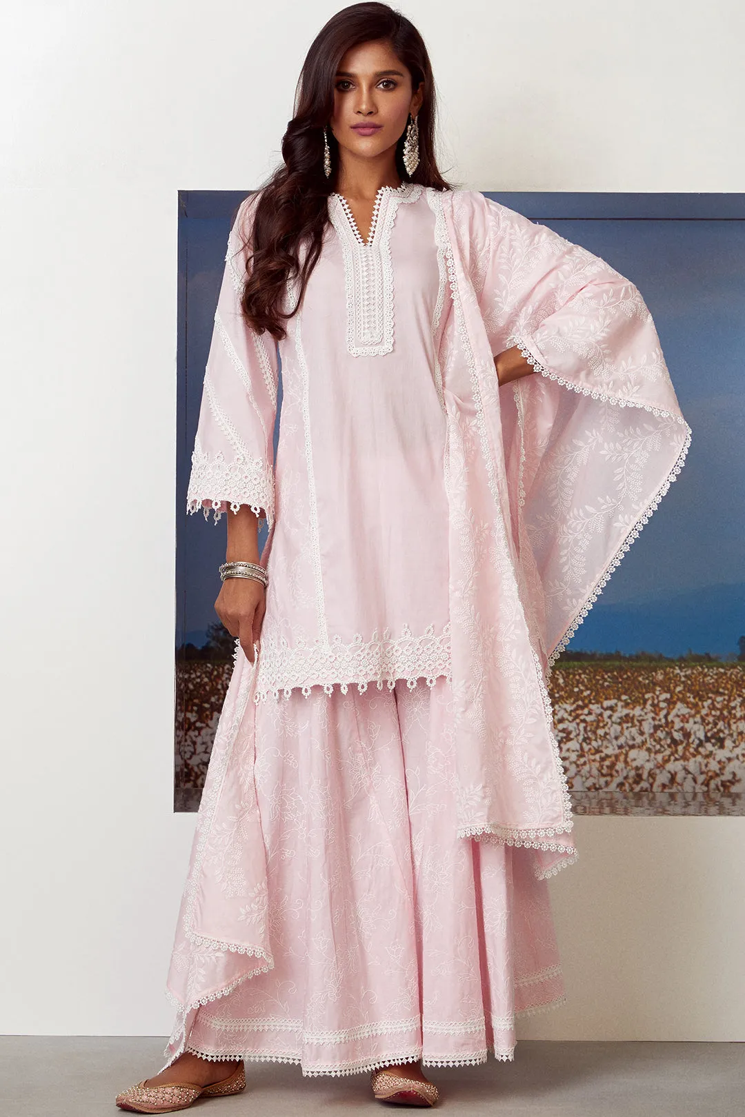 Mulmul Cotton Reverie Pink Kurta With Reverie Pink Sharara