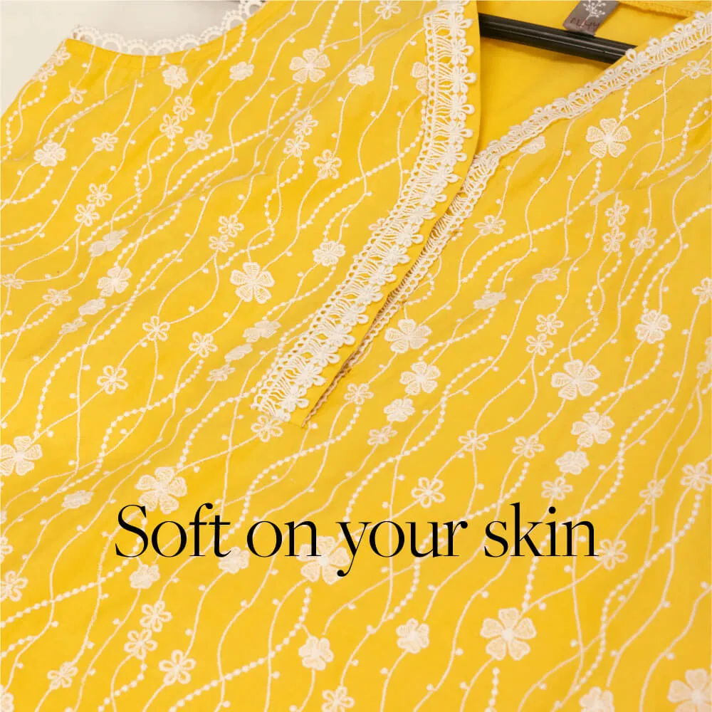 Mulmul Cotton Seoni Yellow Kurta With Rylee White Palazzo