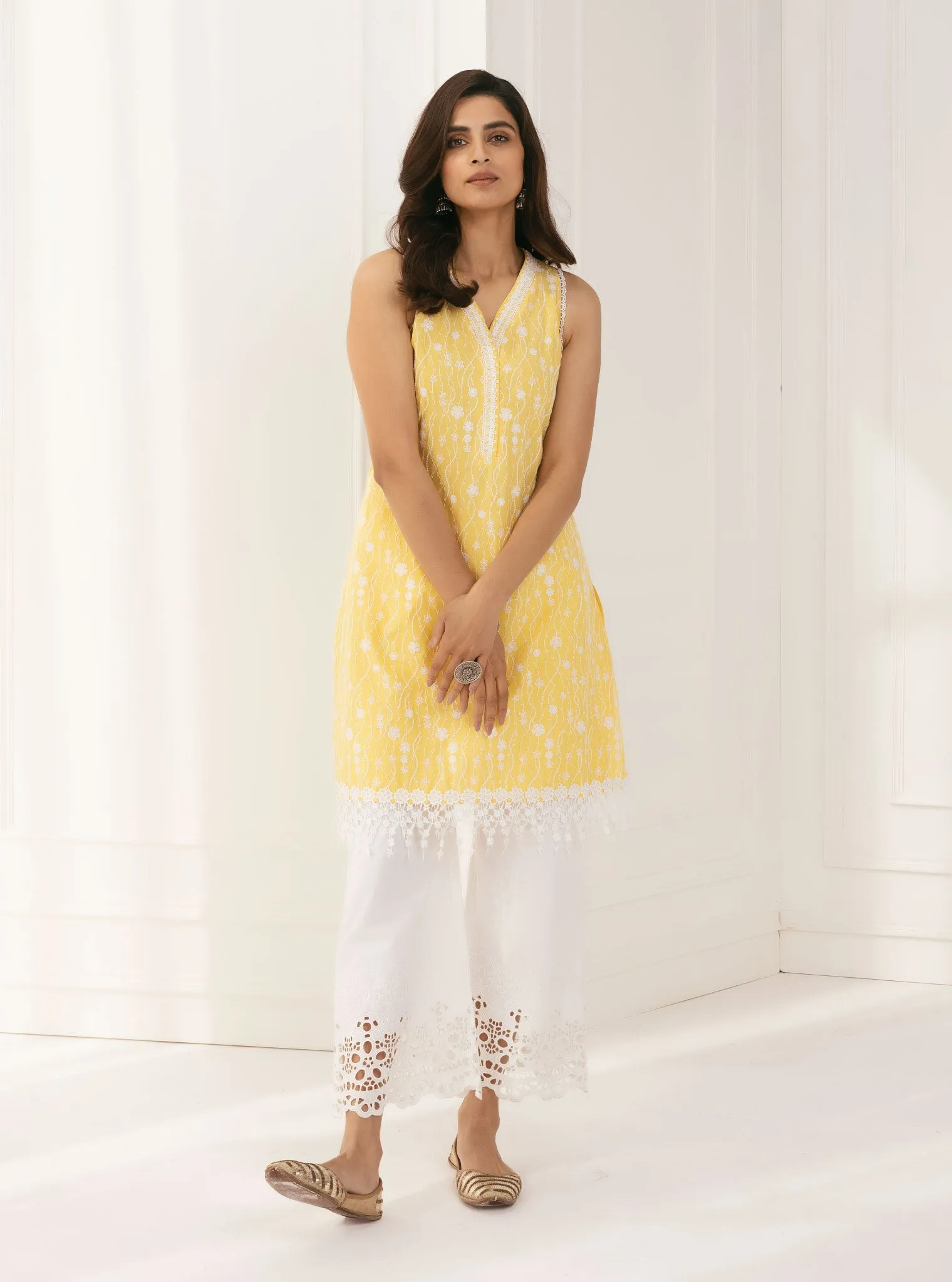 Mulmul Cotton Seoni Yellow Kurta With Rylee White Palazzo