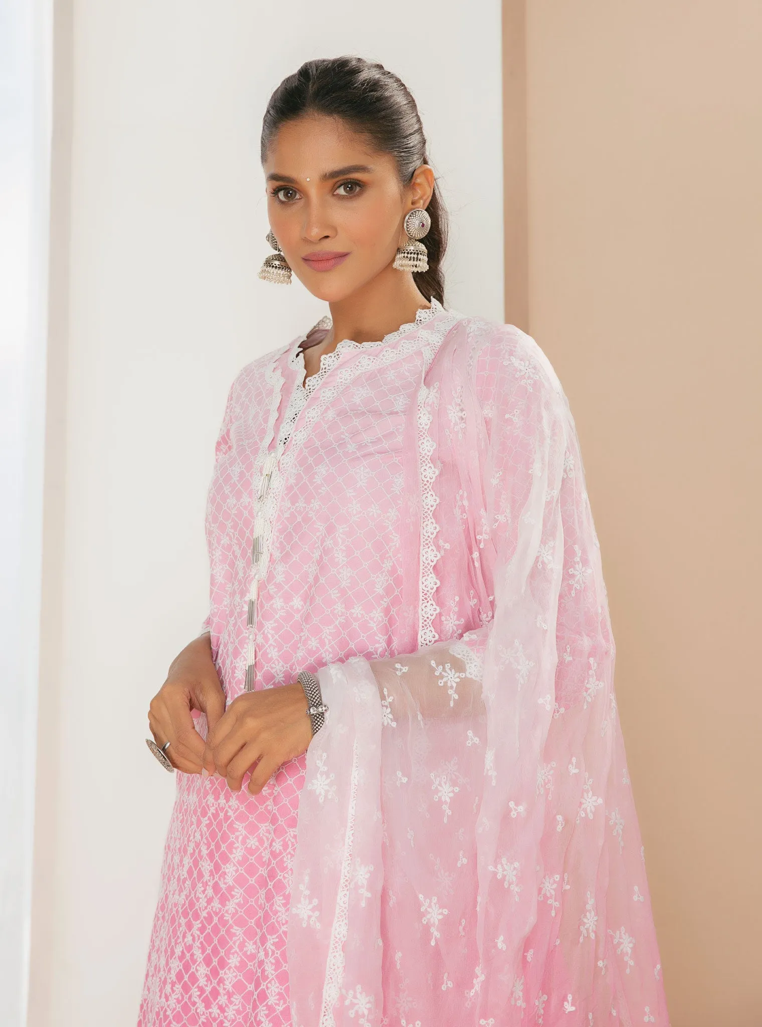 Mulmul Cotton Venna Pink Kurta With Venna Pink Pant