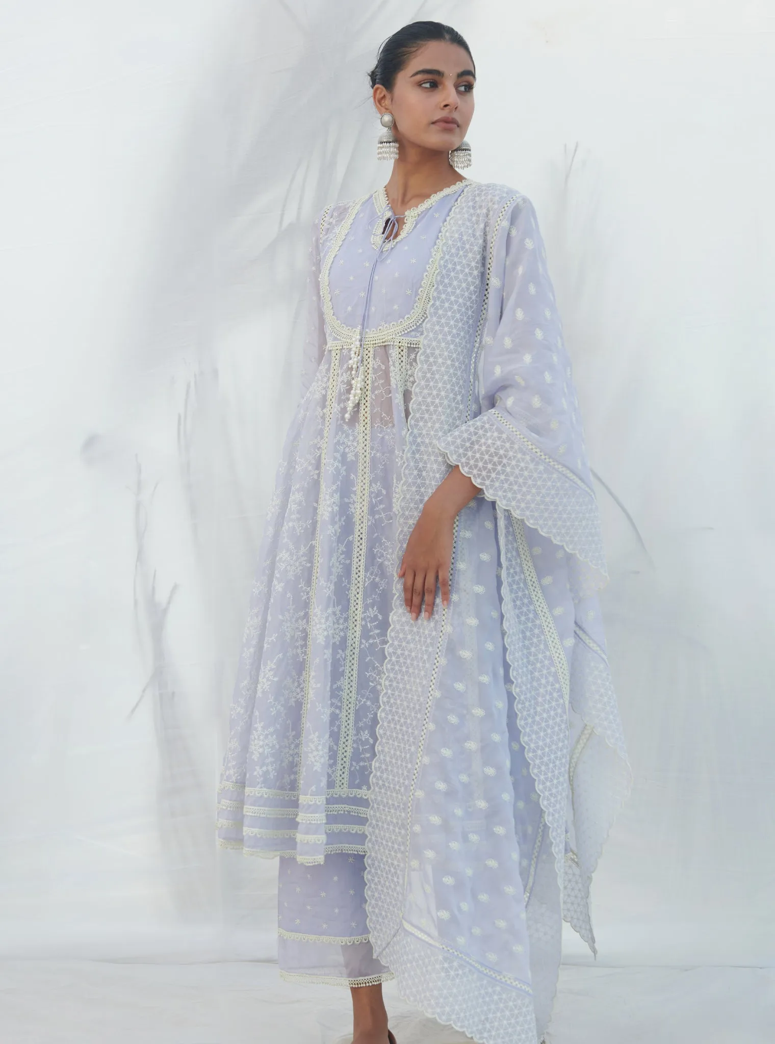 Mulmul Organza Anarkali Tisca Lilac Kurta With Mulmul Cotton Tisca Lilac Pant