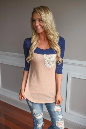Navy & Peach Pocket Top