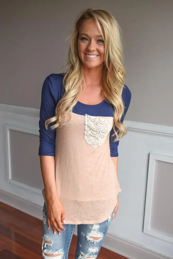 Navy & Peach Pocket Top