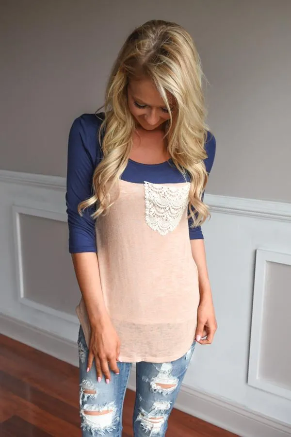 Navy & Peach Pocket Top