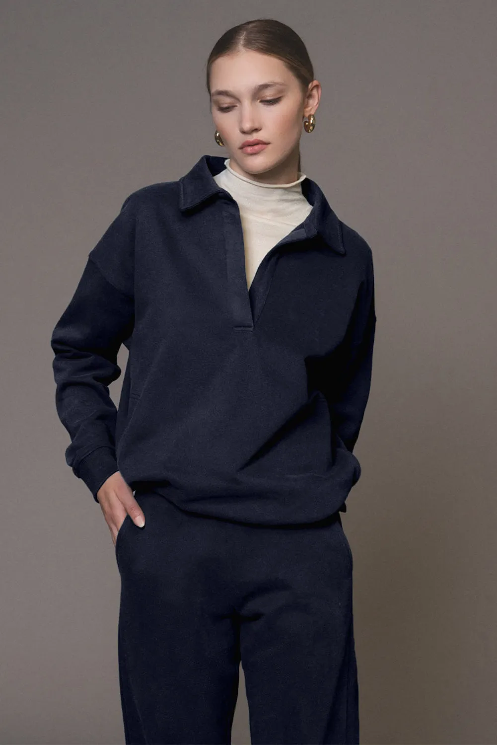 Navy Blue Fold Down Collar Pullover and Joggers Tracksuit