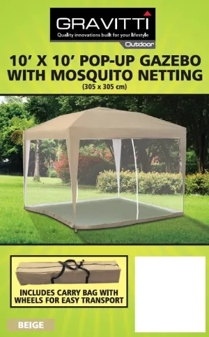 New Gravitti Arctic Sky Outdoor 10 X 10 Pop Up Gazebo W/Mosquito Netting in Beige! Sets up in no time! Retails $199 
