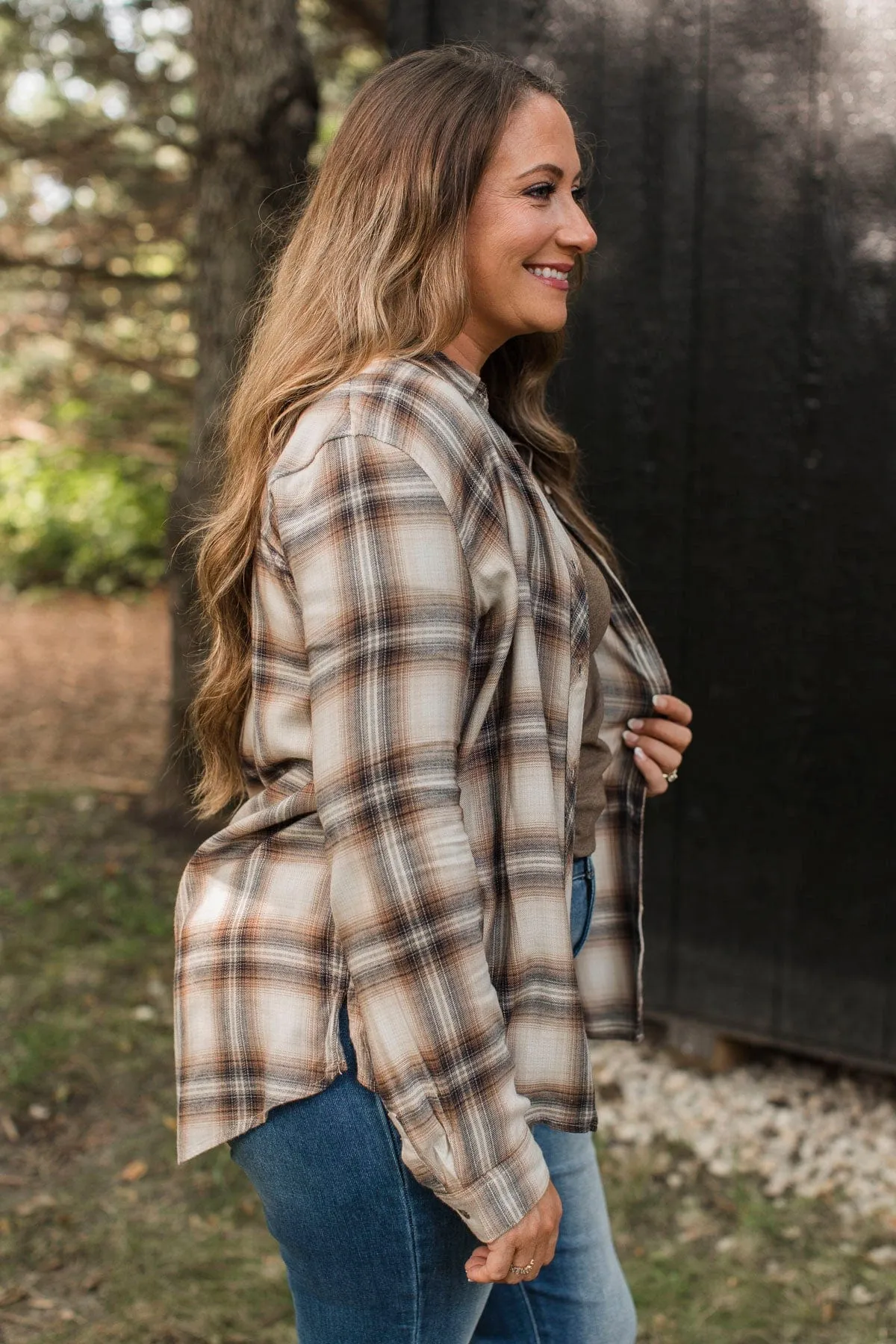 No Nonsense Plaid Button Top- Chestnut