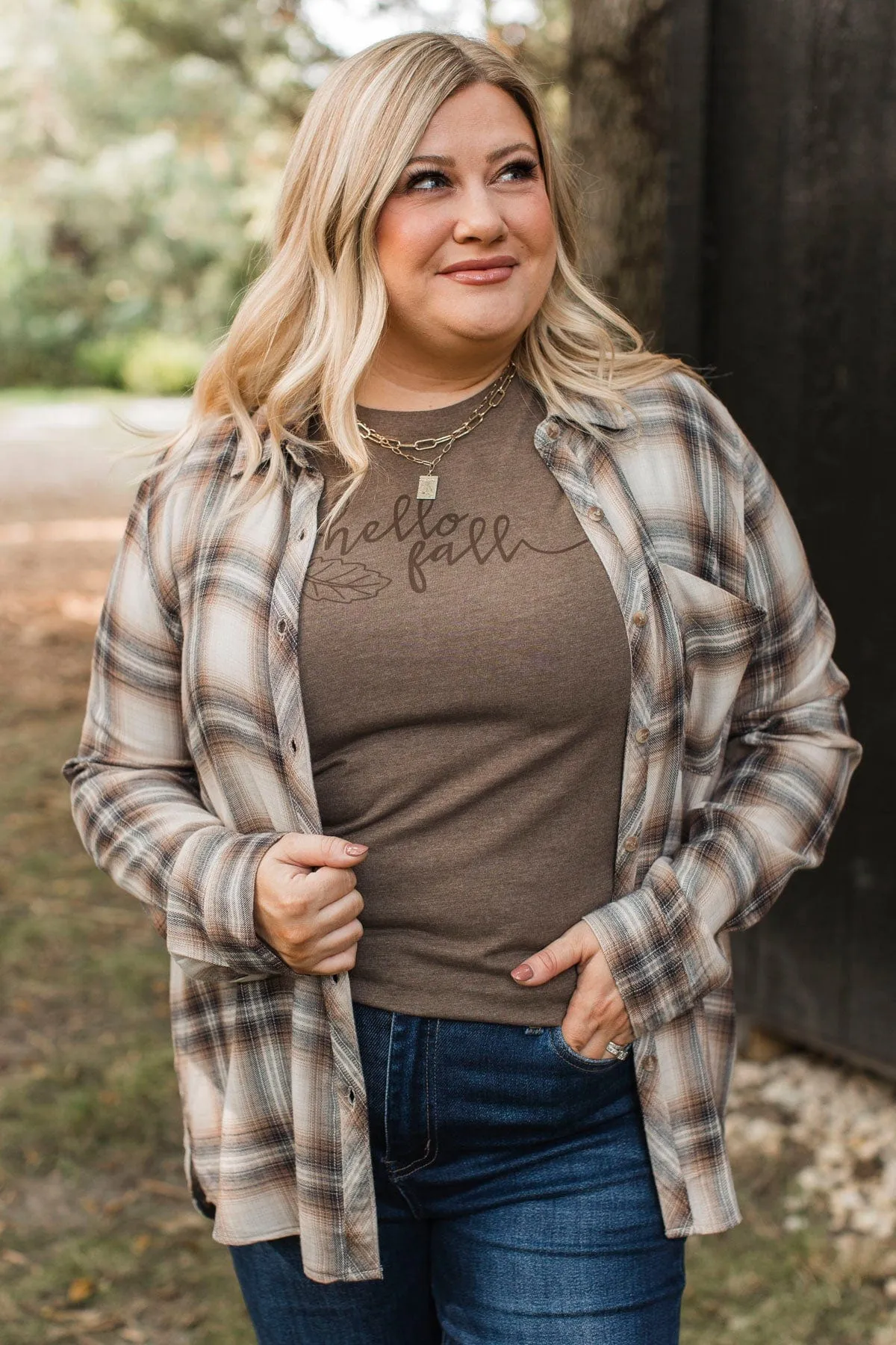 No Nonsense Plaid Button Top- Chestnut