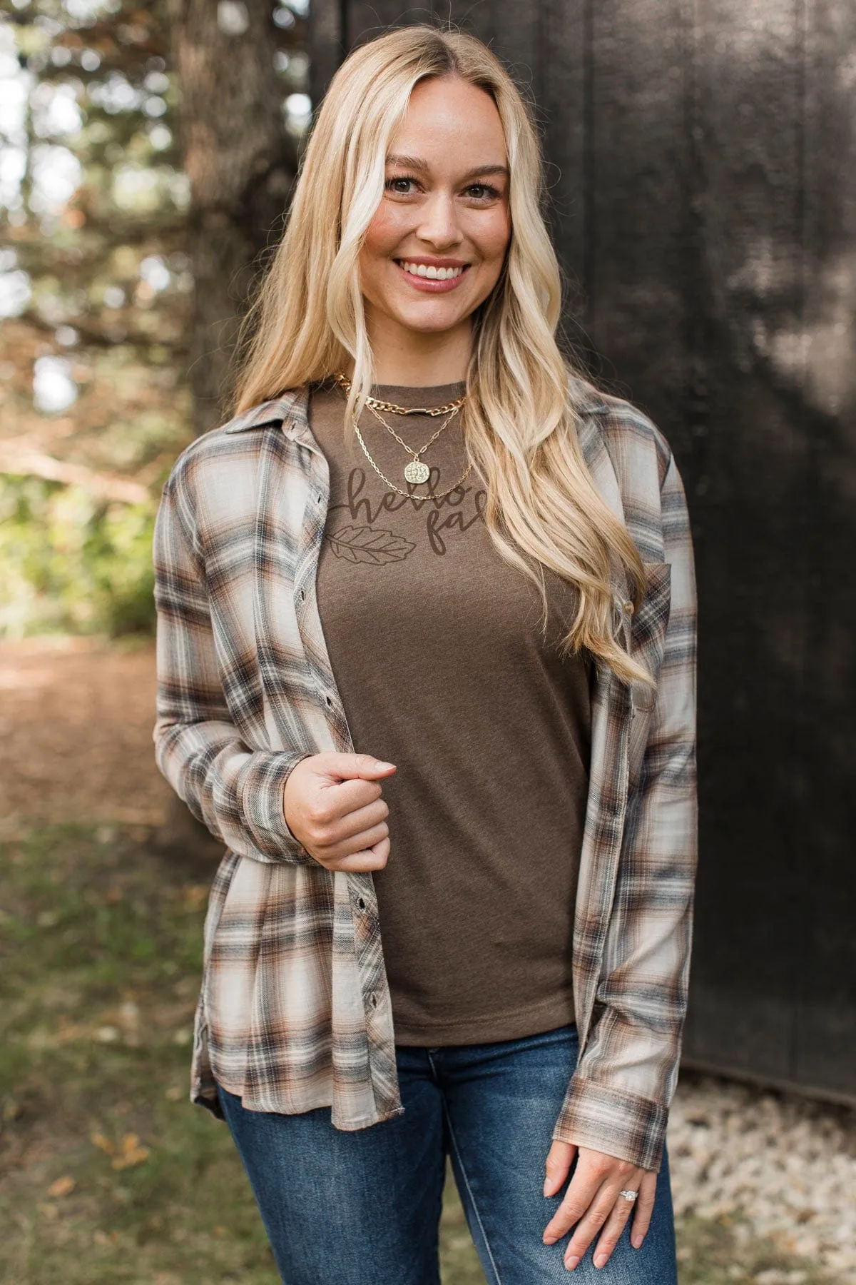 No Nonsense Plaid Button Top- Chestnut