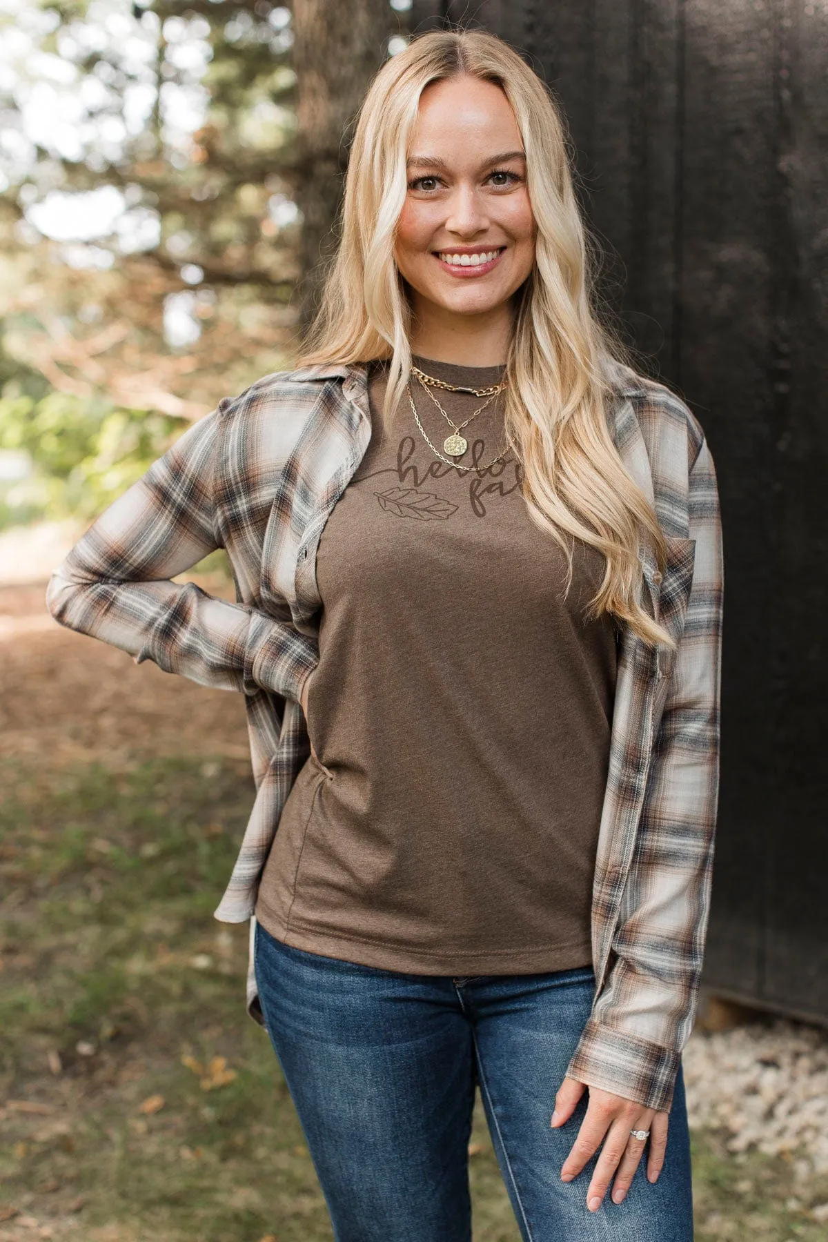 No Nonsense Plaid Button Top- Chestnut