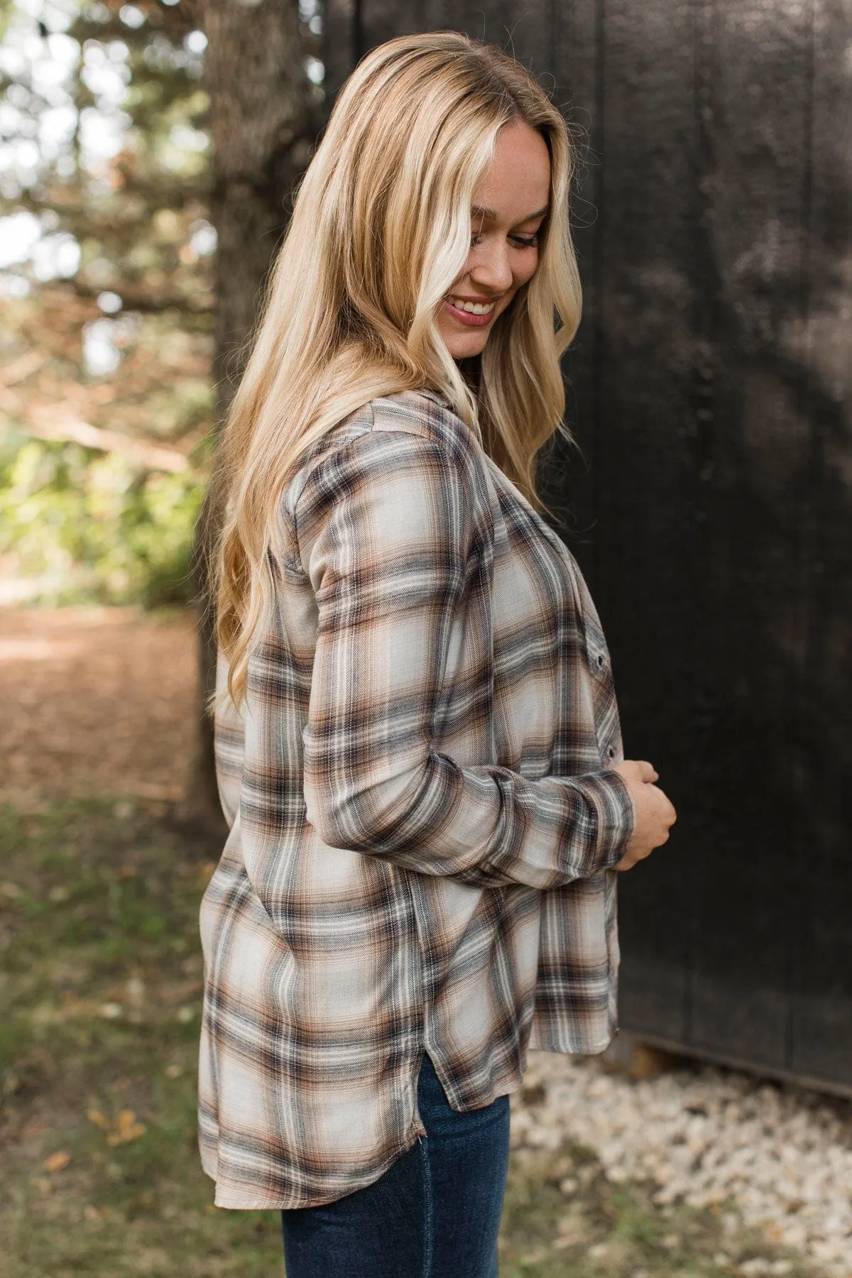 No Nonsense Plaid Button Top- Chestnut