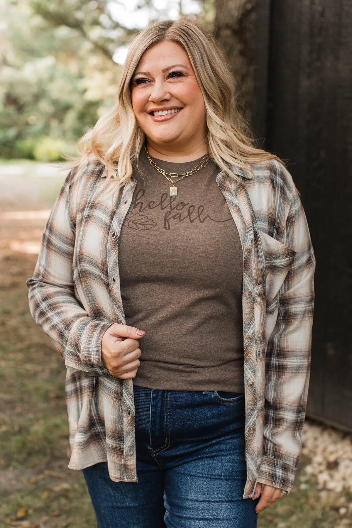 No Nonsense Plaid Button Top- Chestnut
