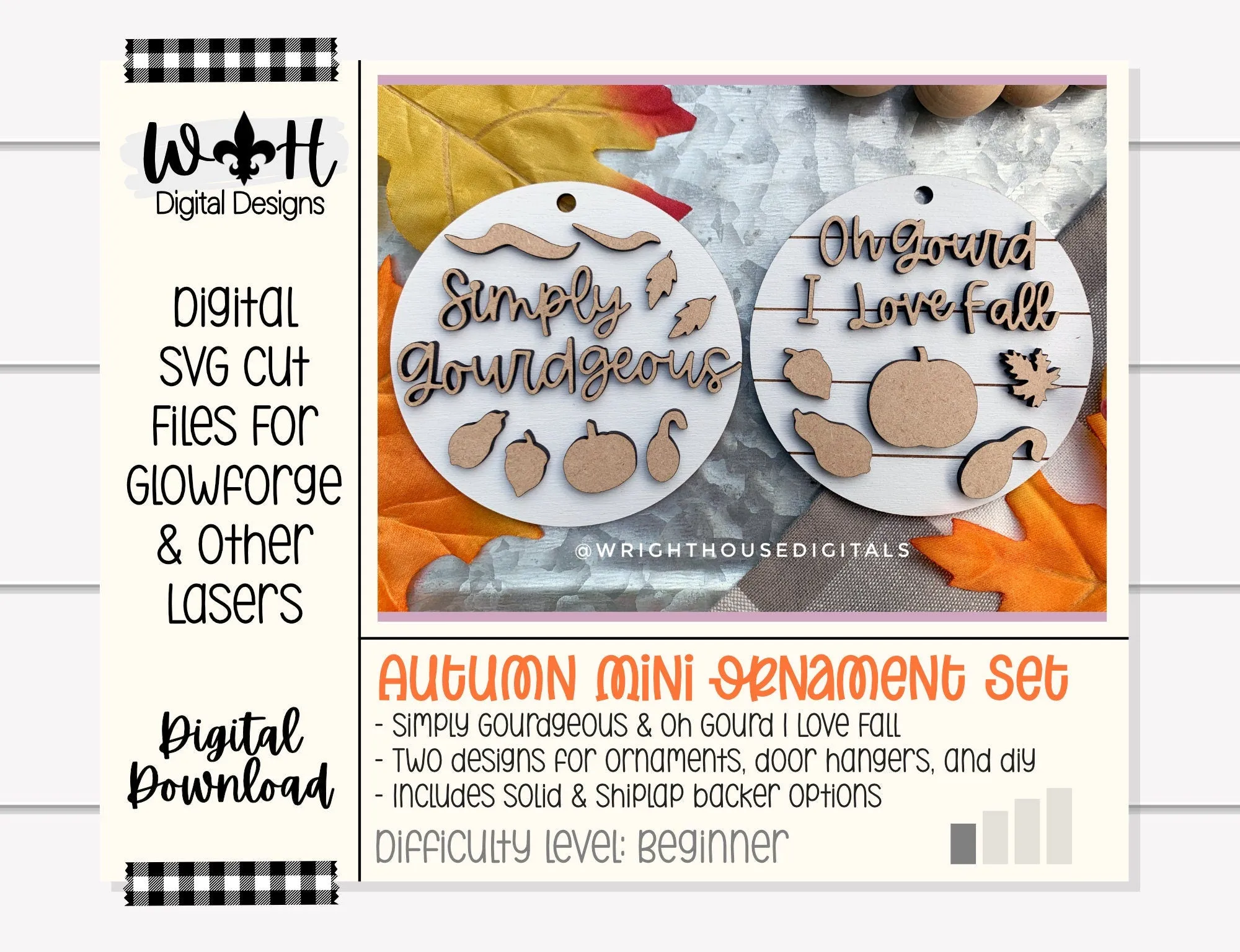 Oh Gourd I Love Fall and Simply Gourdgeous Fall Traditions Mini Ornament Set - For Cutting Machines and Glowforge Lasers - Digital SVG File