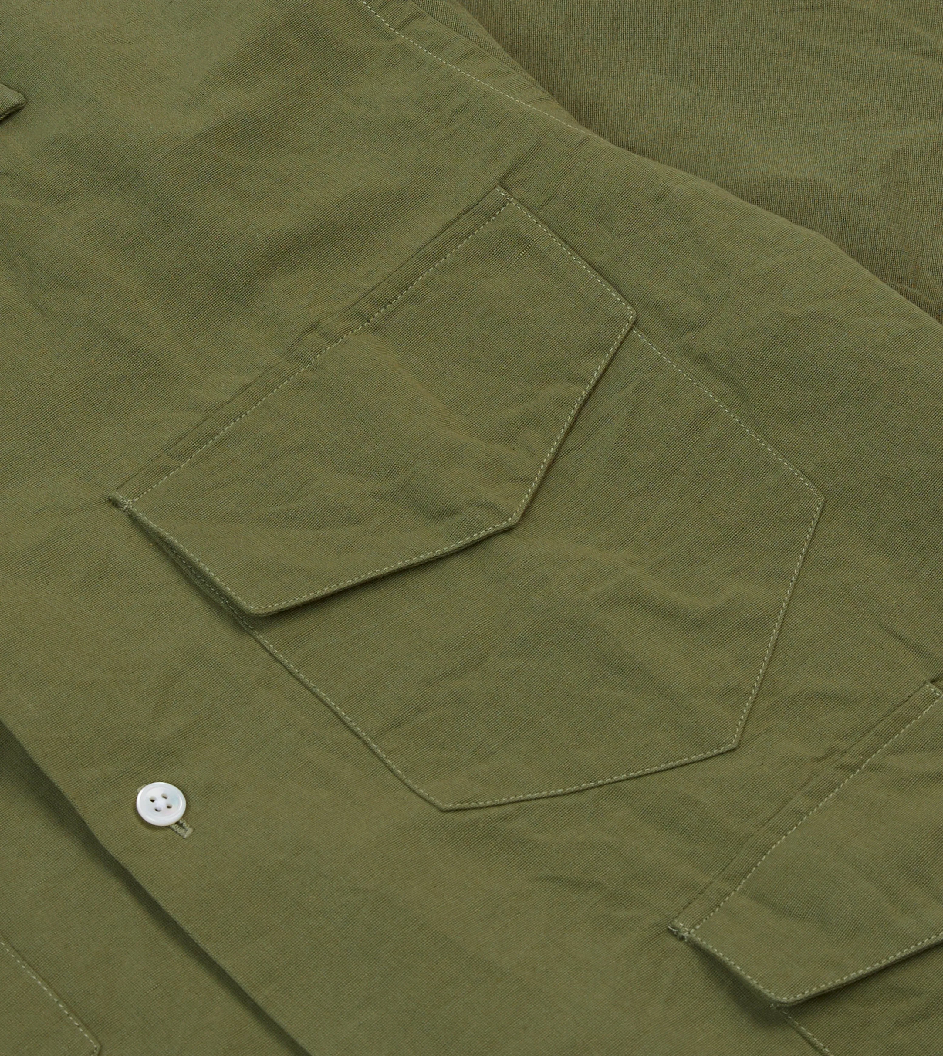 Olive Cotton-Linen Camp Collar Three Pocket Short Sleeve Shirt