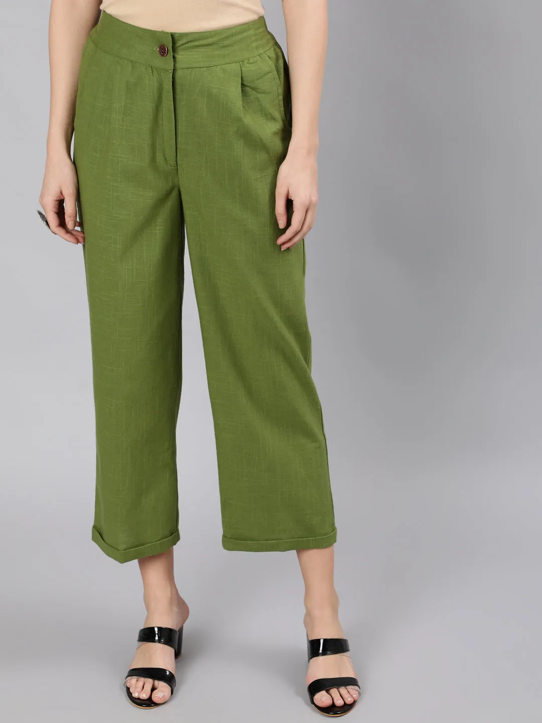 Olive Cotton Slub Straight High Rise Bottom-Fold Pants