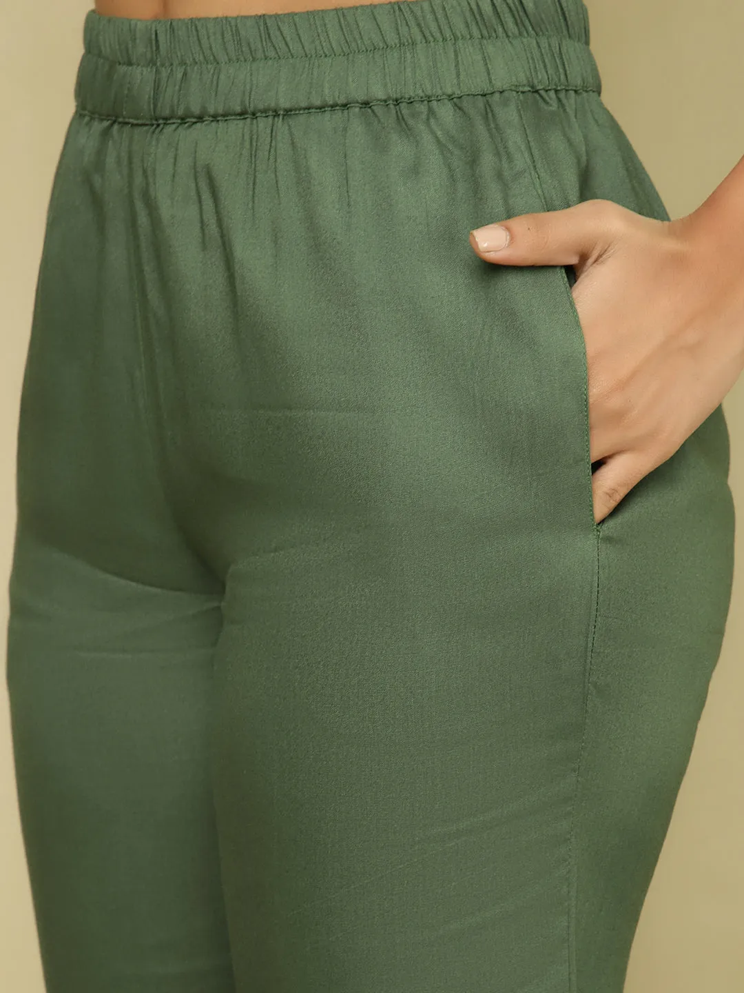 Olive Green Pleated Straight Kurta With Pants