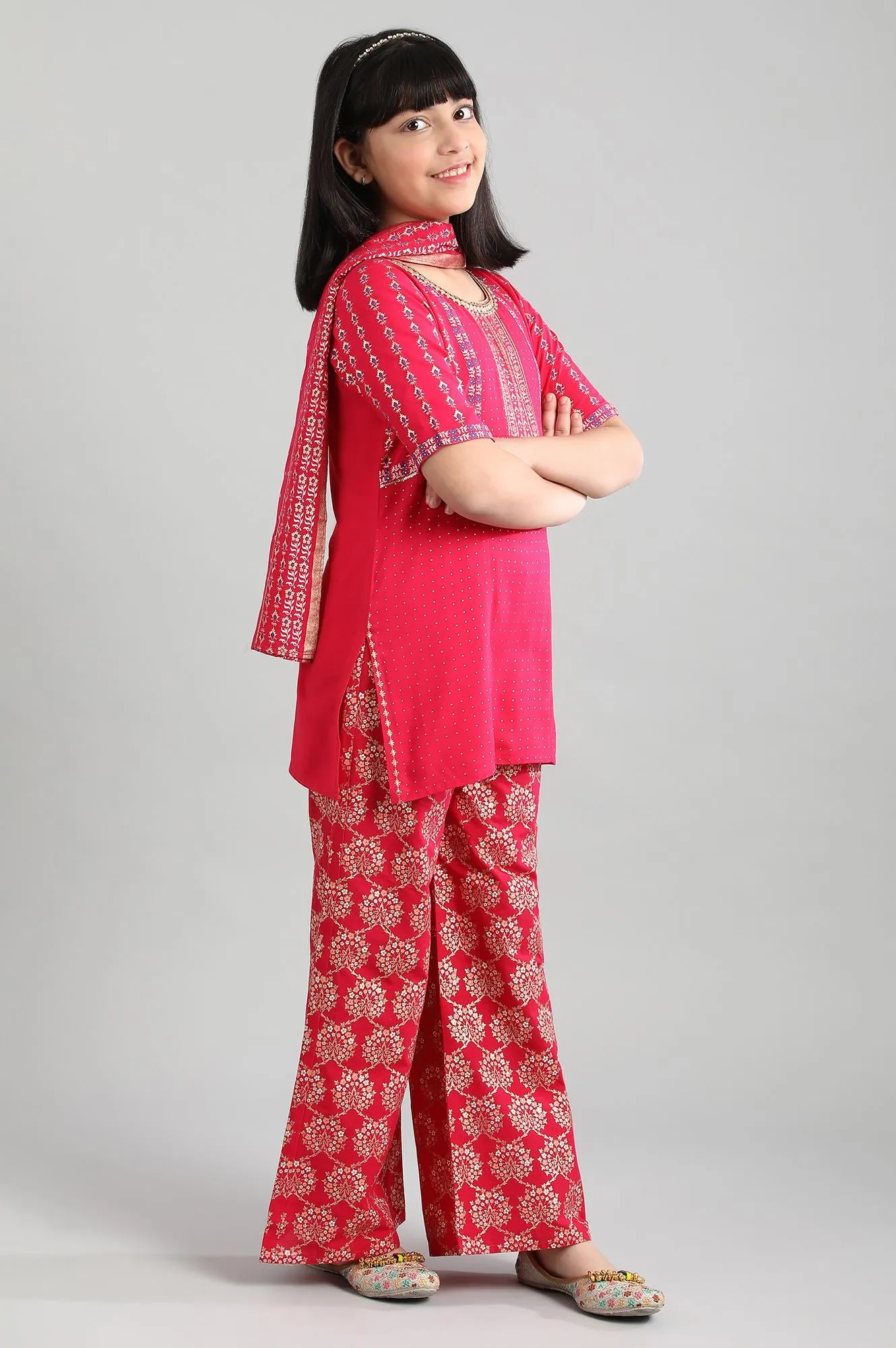 Pink Printed kurta- Palazzo-Dupatta Girls Set