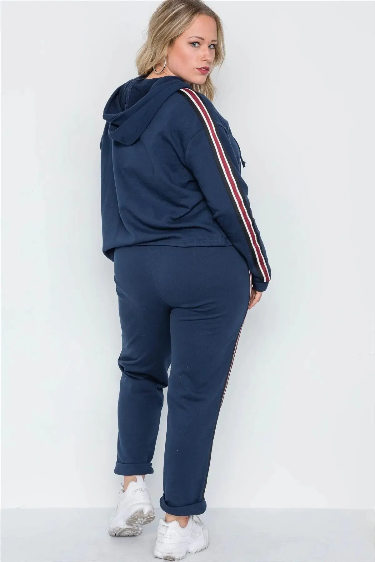 Plus Size Navy Sporty Contrast Trim Two Pice Set /1-2