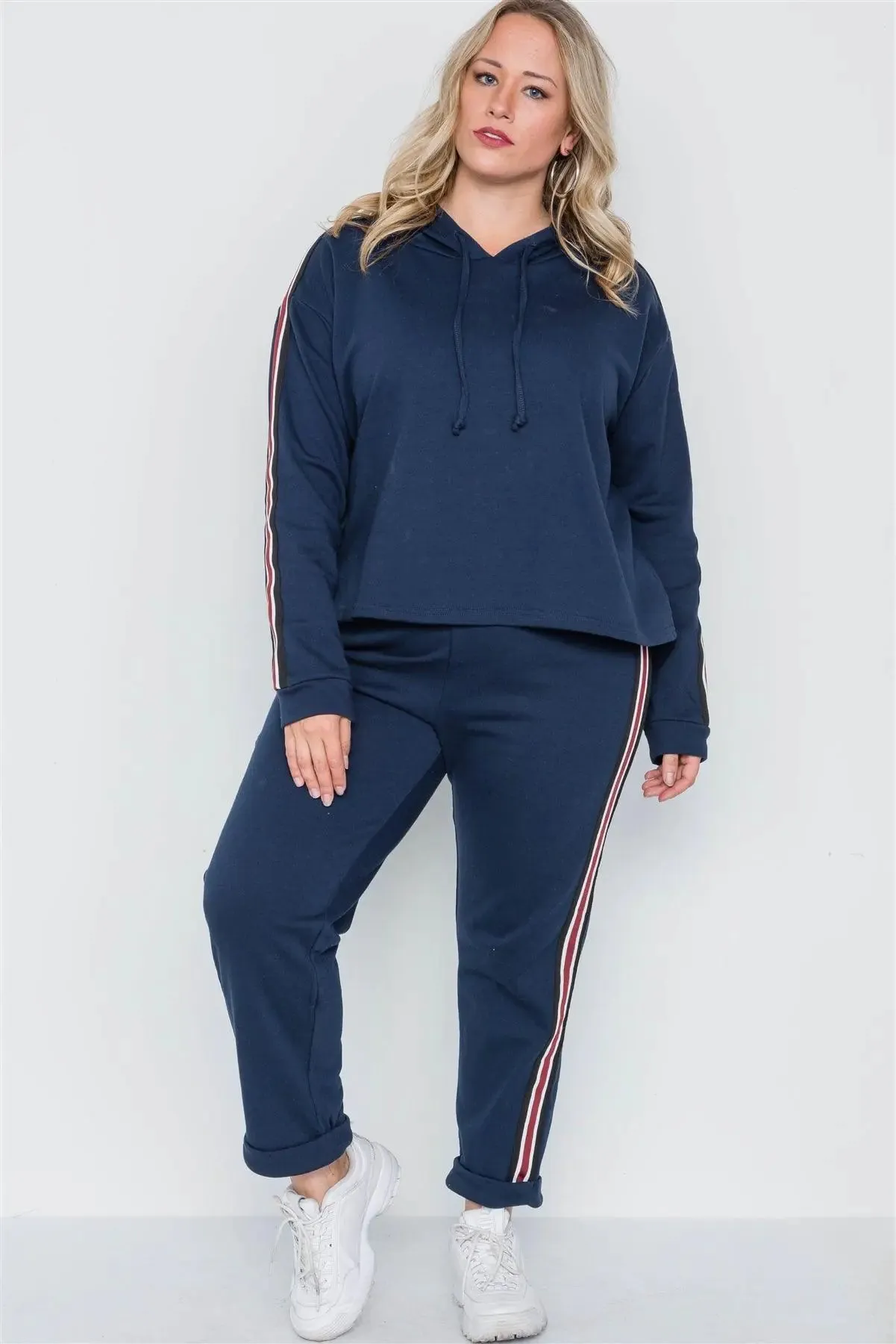 Plus Size Navy Sporty Contrast Trim Two Pice Set /1-2