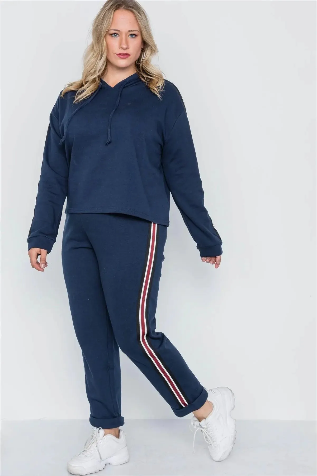 Plus Size Navy Sporty Contrast Trim Two Pice Set /1-2